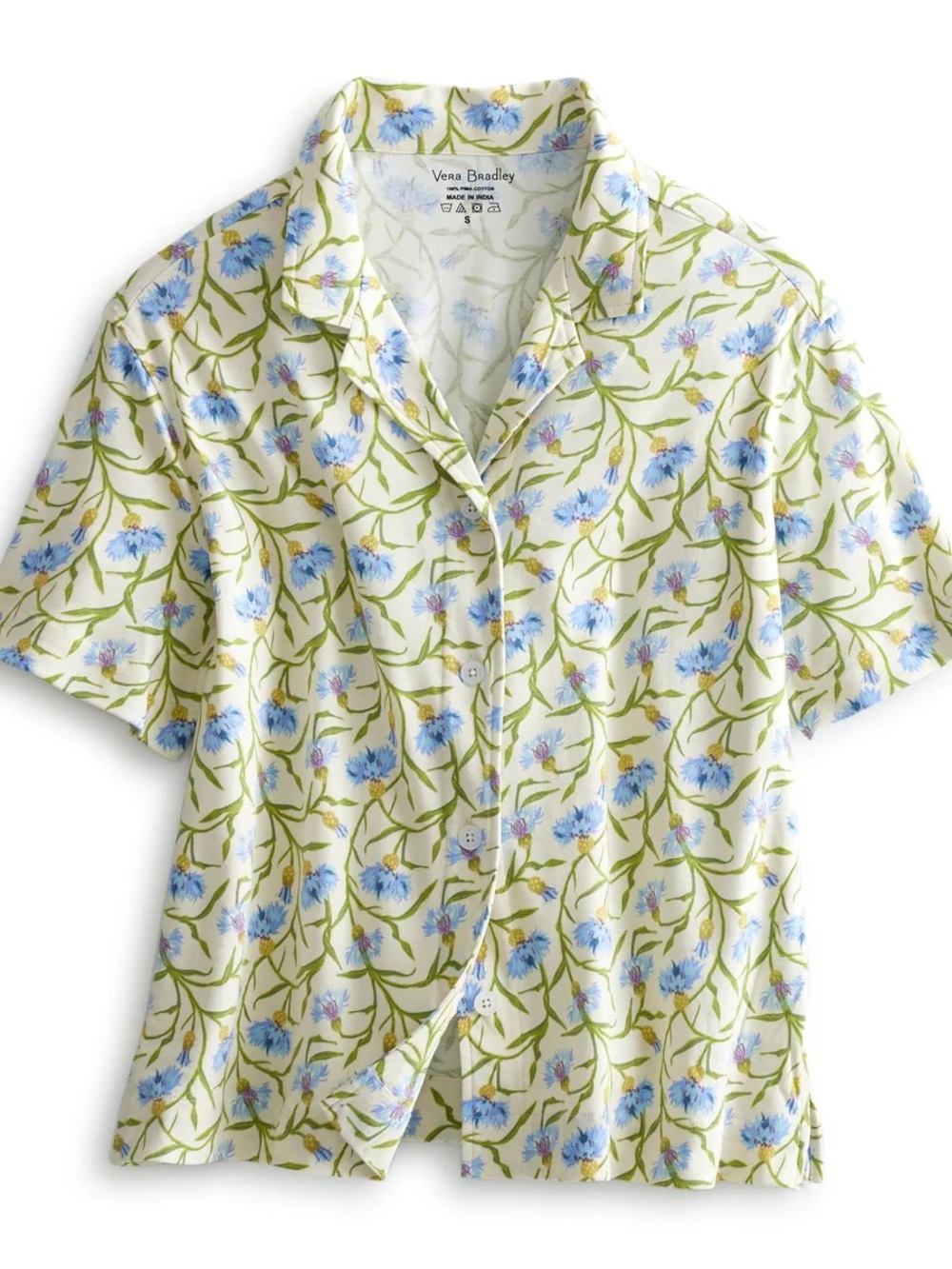 Vera Bradley Cream Floral Button-Front Pajama Set with Blue & Green Print - Picture 2 of 8
